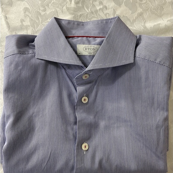 ETON Shirt Men’s Size 41/16 White Blue Striped Long Sleeve Spread Collar - Picture 2 of 8